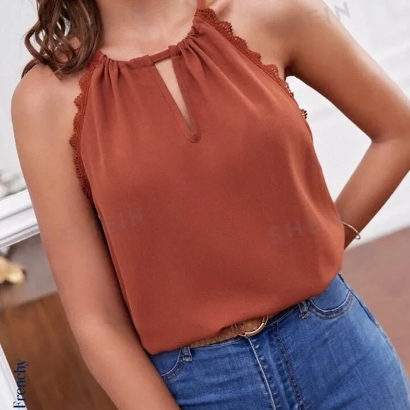 Frenchy Cut Out Tie Back Lace Trim Halter Top - Picture 4 of 8